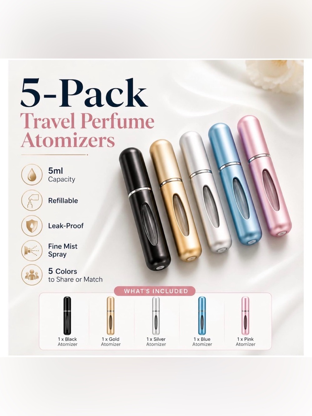 NWT~ 5pc Refillable Atomizer Bottles~Gold, Silver, Light Blue, Purple, Black
